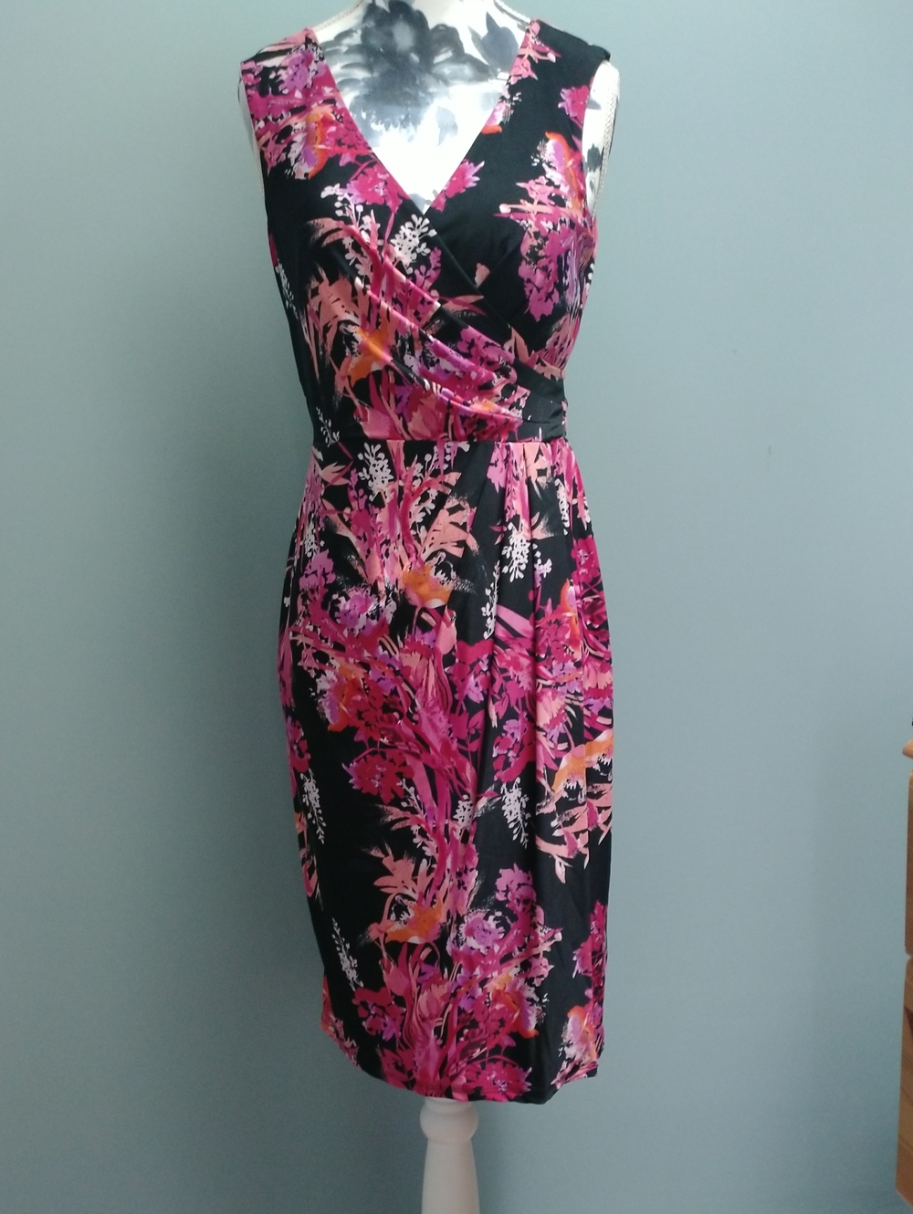 Jessica Black & Pink Floral Faux Wrap Dress, size 0